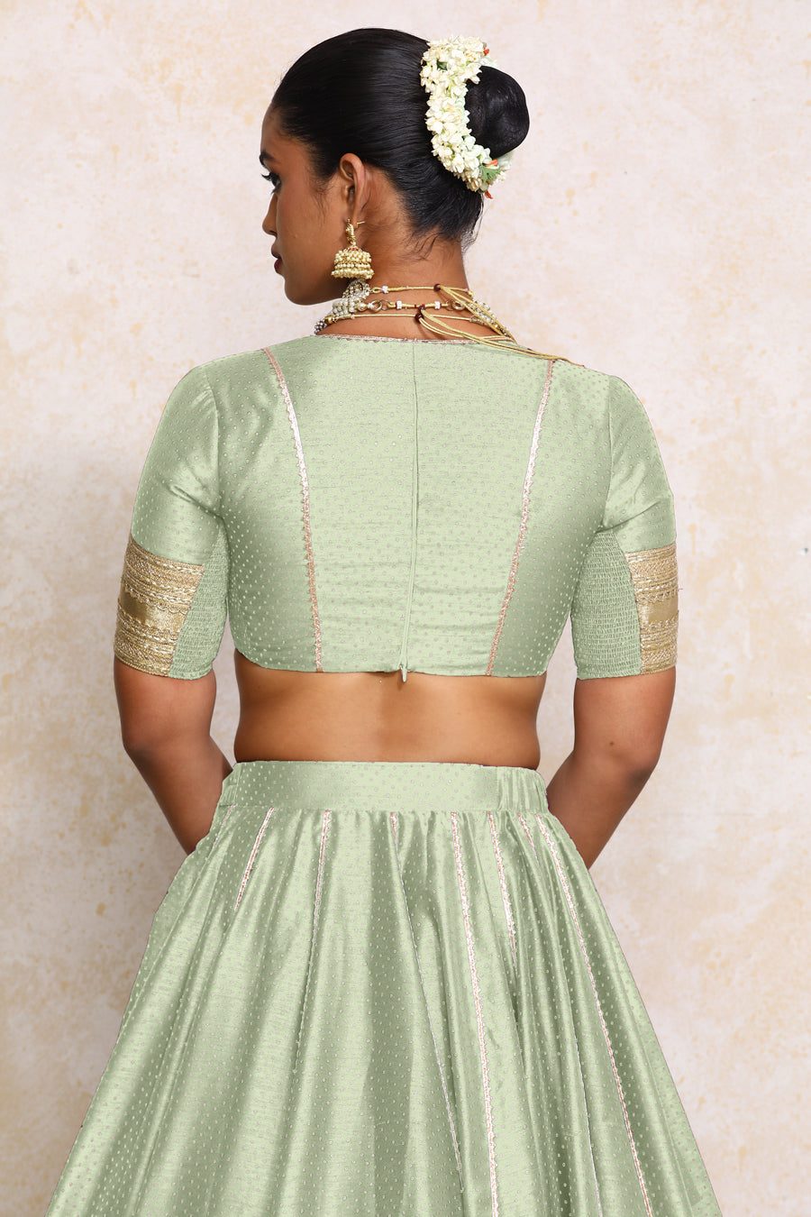 Mehreen x Tyohaar Lehenga Set, in Green Chandheri, featuring elbow sleeves and v-neckline, made for party & festive (view 2).