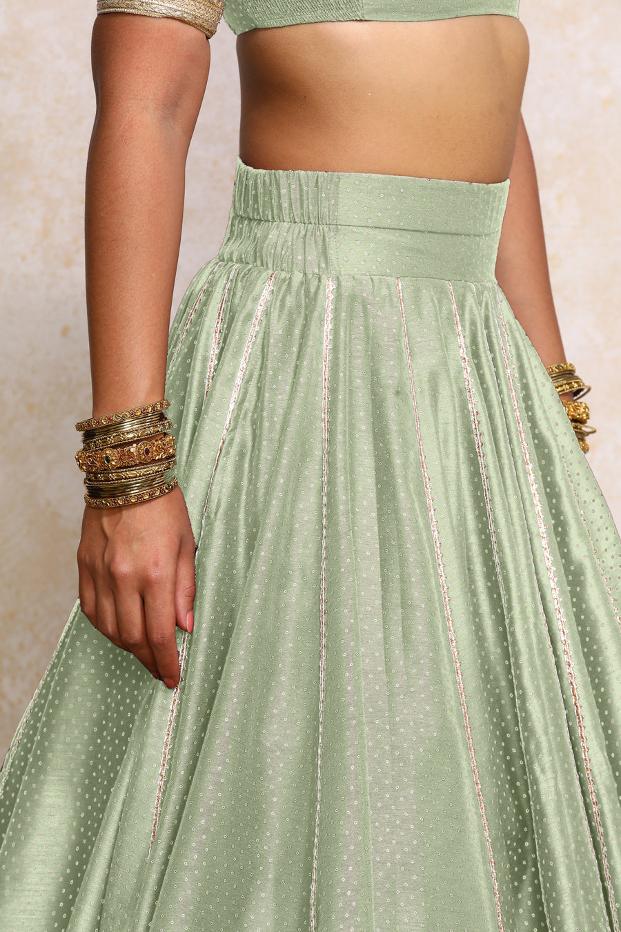 Mehreen x Tyohaar Lehenga Set, in Green Chandheri, featuring elbow sleeves and v-neckline, made for party & festive (view 3).