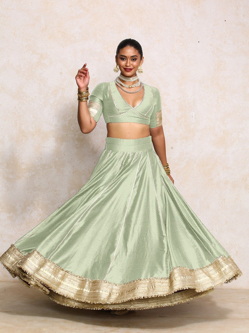 Mehreen x Tyohaar | Light Green Foil Chandheri FlareFit™ Lehenga Set with Dupatta-Binks