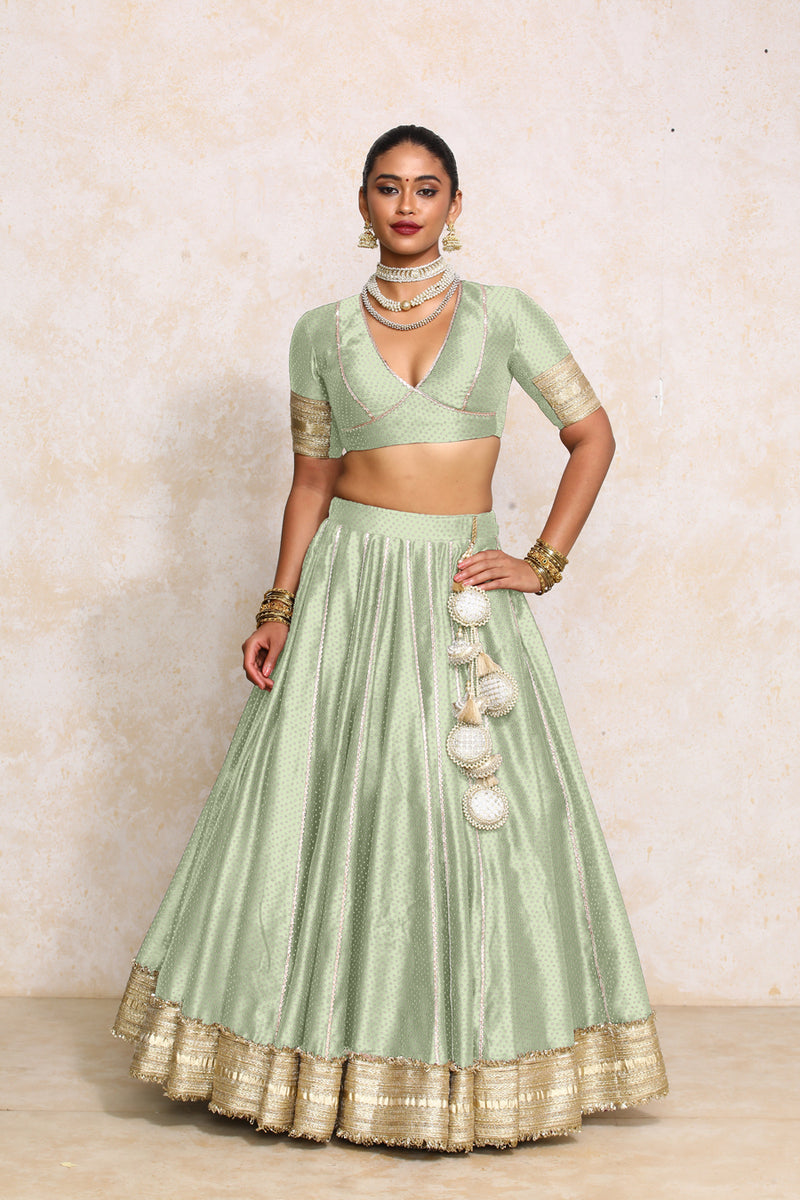 Mehreen x Tyohaar | Light Green Foil Chandheri FlareFit™ Lehenga Set with Dupatta-Binks