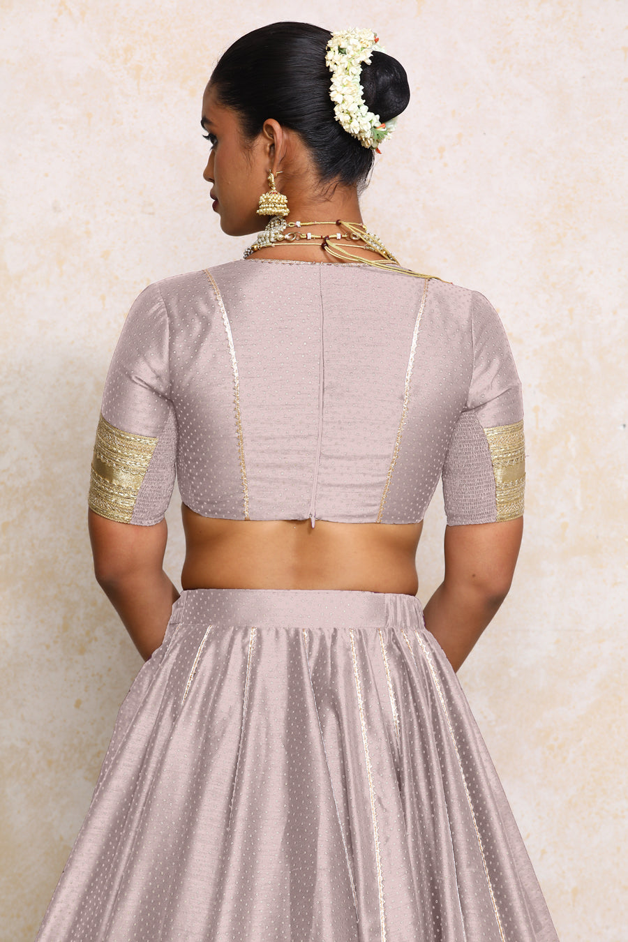 Mehreen x Tyohaar Lehenga Set, in Purple Chandheri, featuring elbow sleeves and v-neckline, made for party & festive (view 2).