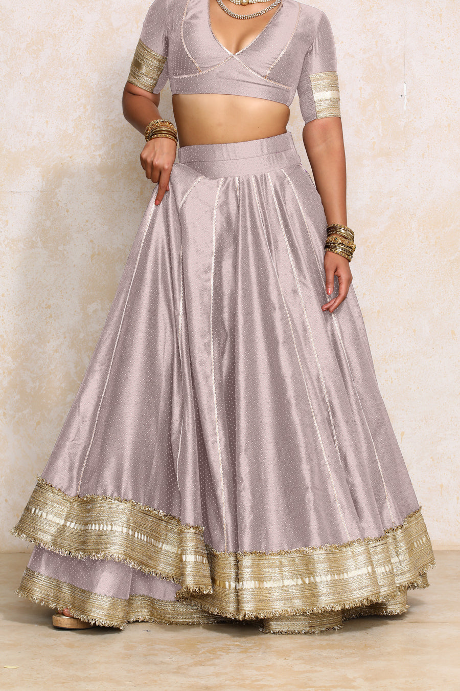 Mehreen x Tyohaar Lehenga Set, in Purple Chandheri, featuring elbow sleeves and v-neckline, made for party & festive (view 7).