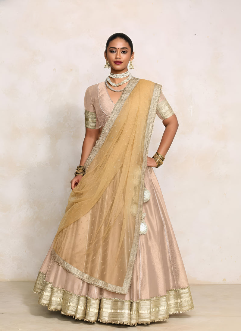 Mehreen x Tyohaar | Muted Copper Foil Chandheri FlareFit™ Lehenga Set with Dupatta-Binks