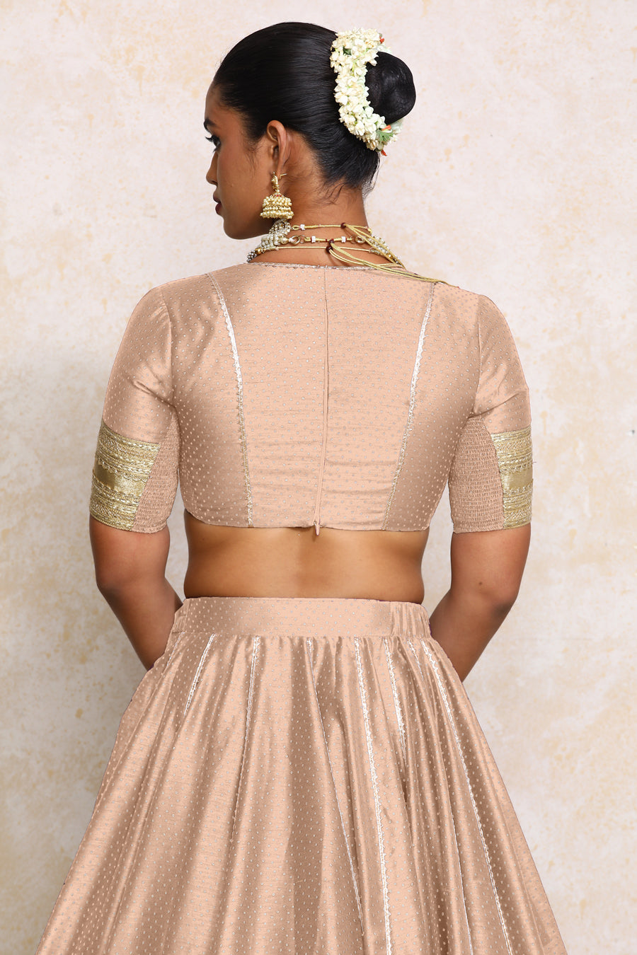 Mehreen x Tyohaar Lehenga Set, in Copper Chandheri, featuring elbow sleeves and v-neckline, made for party & festive (view 2).