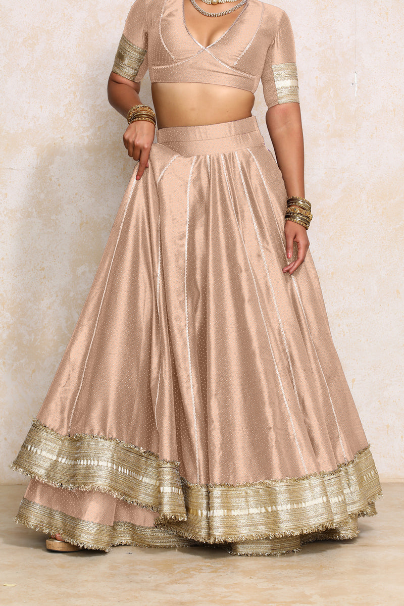 Mehreen x Tyohaar | Muted Copper Foil Chandheri FlareFit™ Lehenga Set with Dupatta-Binks