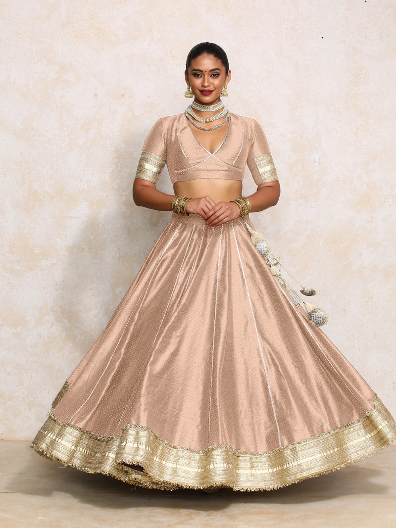 Mehreen x Tyohaar | Muted Copper Foil Chandheri FlareFit™ Lehenga Set with Dupatta-Binks