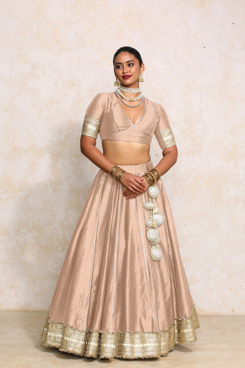 Mehreen x Tyohaar | Muted Copper Foil Chandheri FlareFit™ Lehenga Set with Dupatta-Binks