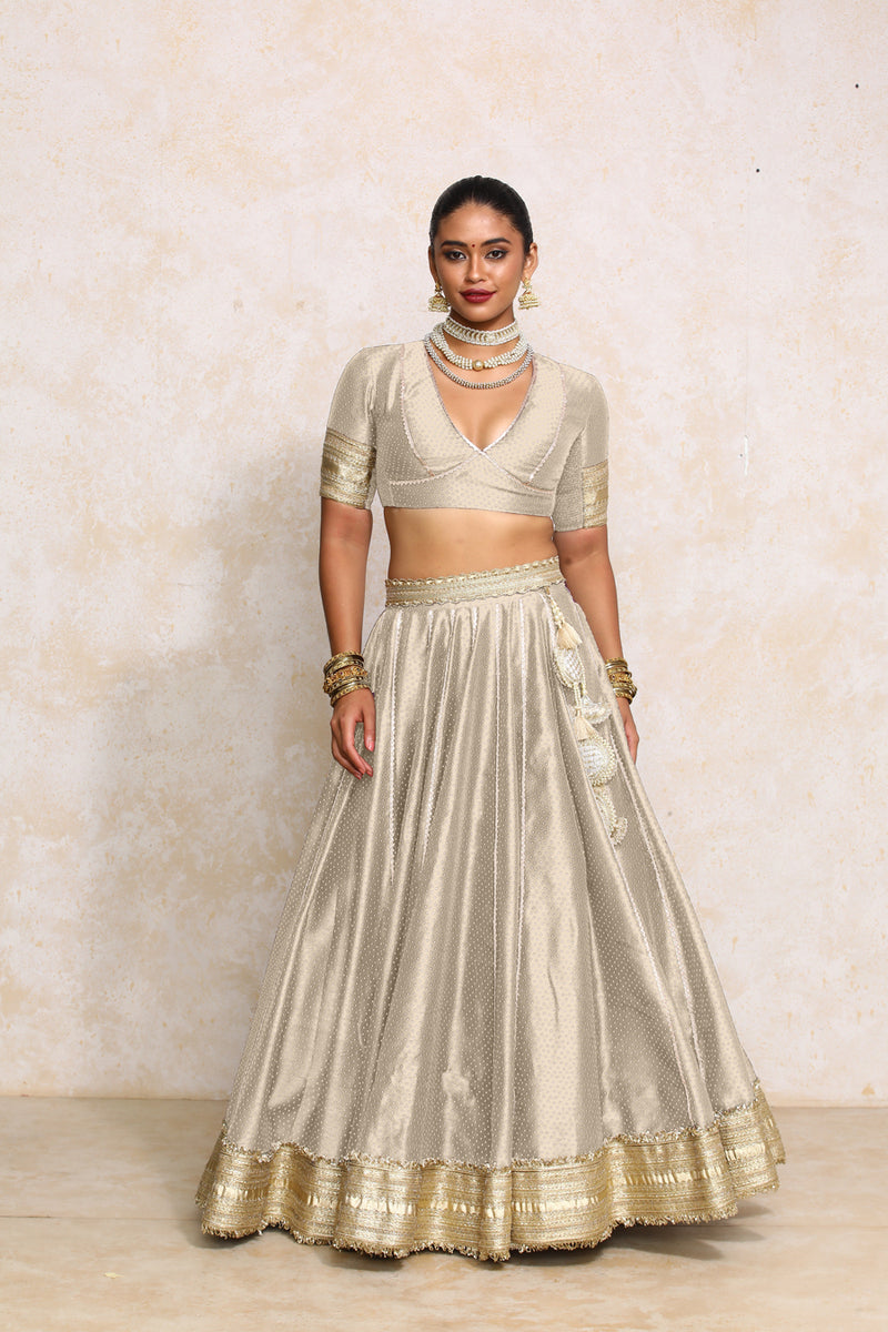 Mehreen x Tyohaar | Oyster Grey Foil Chandheri FlareFit™ Lehenga Set with Dupatta-Binks