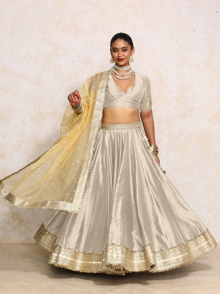 Mehreen x Tyohaar Lehenga Set, in Grey Chandheri, featuring elbow sleeves and v-neckline, made for party & festive.