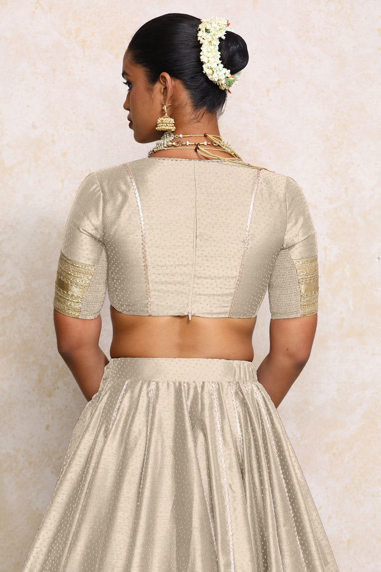 Mehreen x Tyohaar Lehenga Set, in Grey Chandheri, featuring elbow sleeves and v-neckline, made for party & festive (view 2).