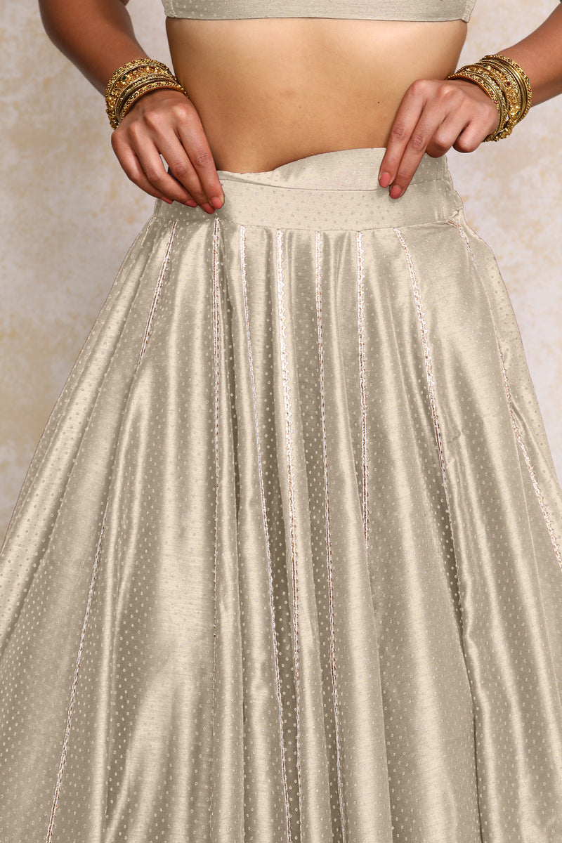 Mehreen x Tyohaar | Oyster Grey Foil Chandheri FlareFit™ Lehenga Set with Dupatta-Binks