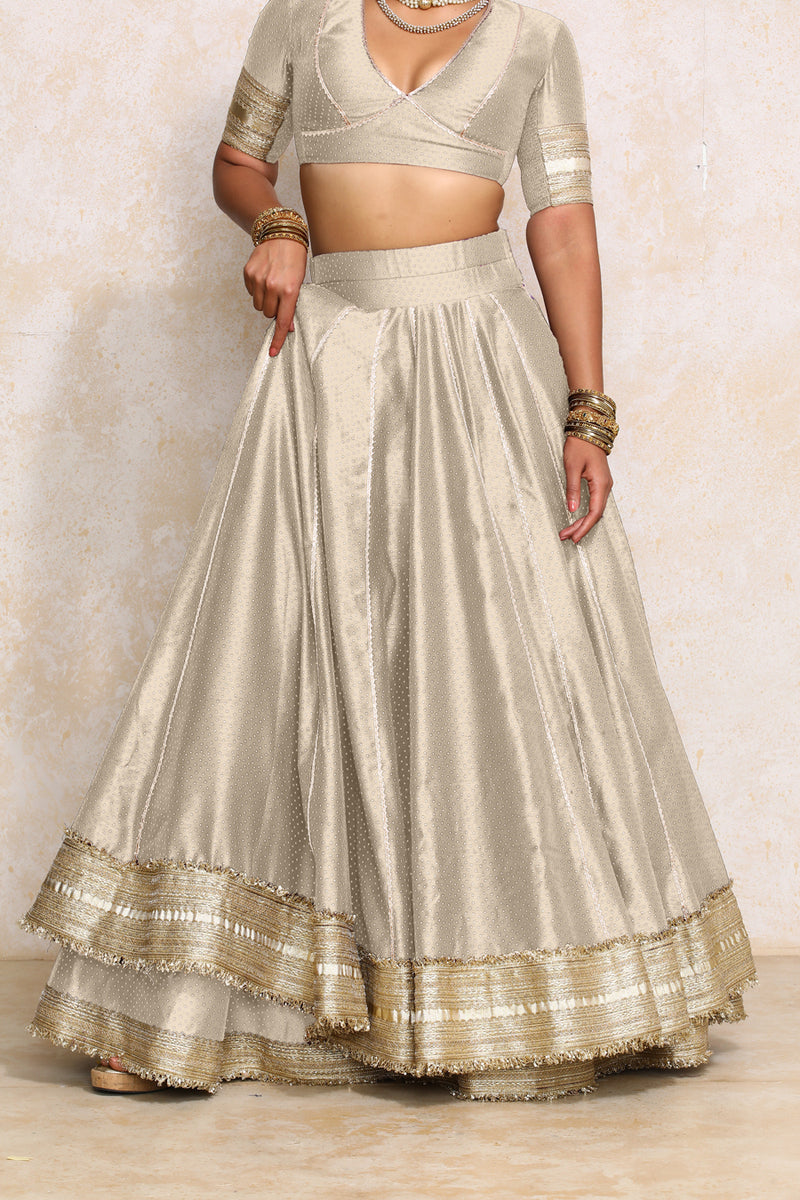 Mehreen x Tyohaar | Oyster Grey Foil Chandheri FlareFit™ Lehenga Set with Dupatta-Binks