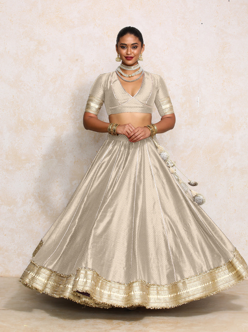 Mehreen x Tyohaar | Oyster Grey Foil Chandheri FlareFit™ Lehenga Set with Dupatta-Binks