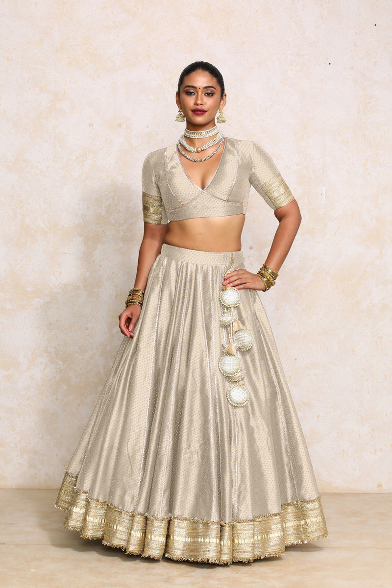Mehreen x Tyohaar | Oyster Grey Foil Chandheri FlareFit™ Lehenga Set with Dupatta-Binks