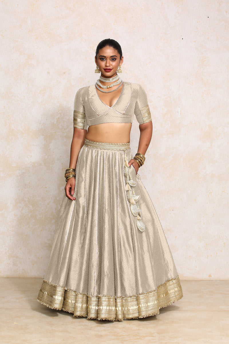 Mehreen x Tyohaar | Oyster Grey Foil Chandheri FlareFit™ Lehenga Set with Dupatta-Binks