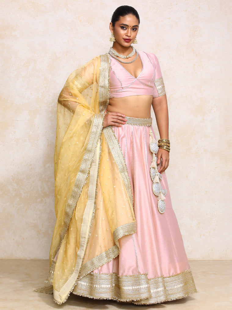 Mehreen x Tyohaar Lehenga Set, in Pink Chandheri, featuring elbow sleeves and v-neckline, made for party & festive.