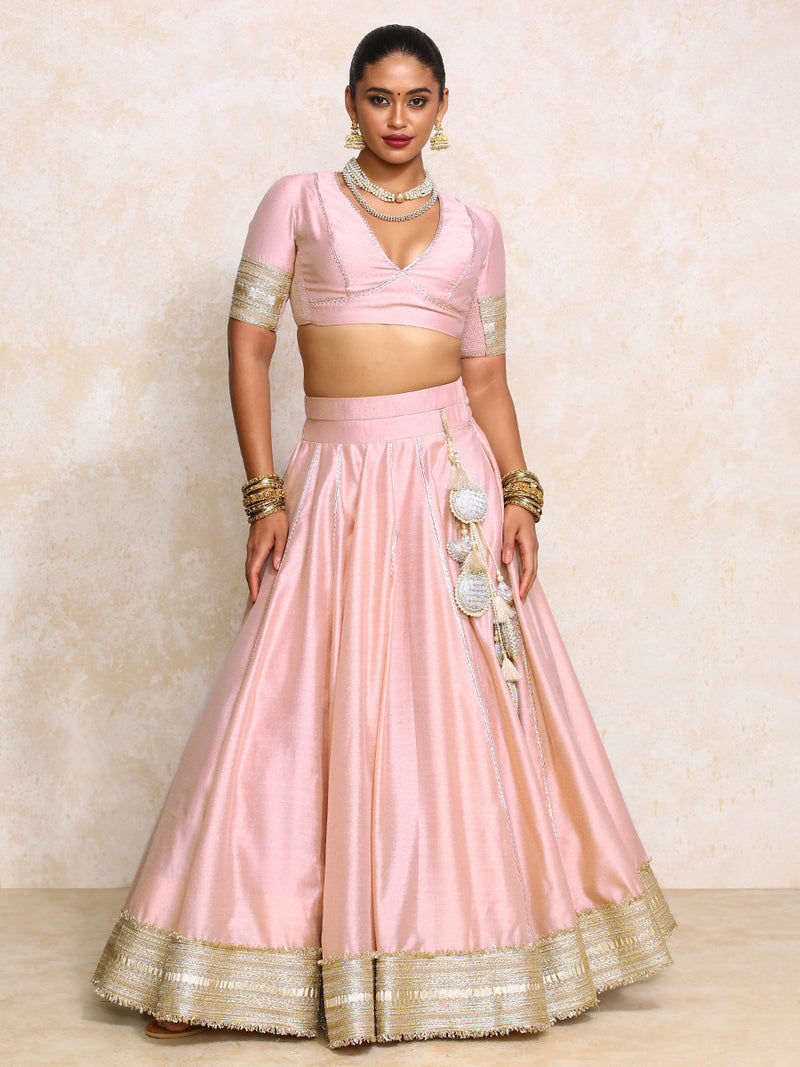 Mehreen x Tyohaar | Pink Foil Chandheri FlareFit™ Lehenga Set with Dupatta-Binks