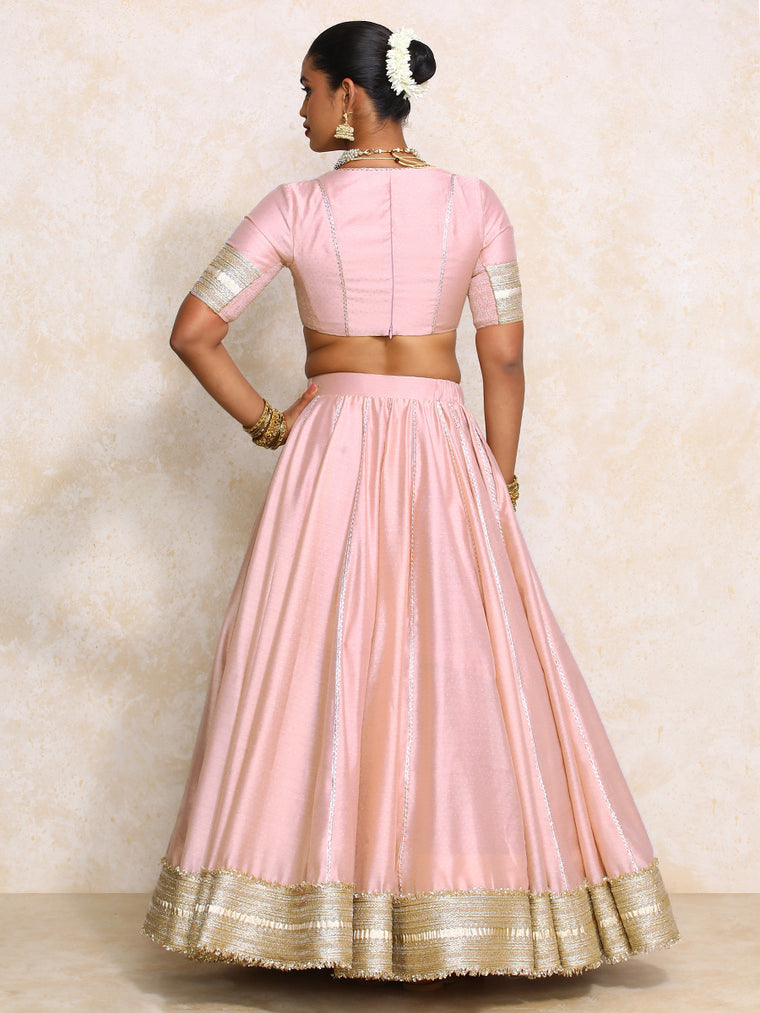 Mehreen x Tyohaar Lehenga Set, in Pink Chandheri, featuring elbow sleeves and v-neckline, made for party & festive (view 2).