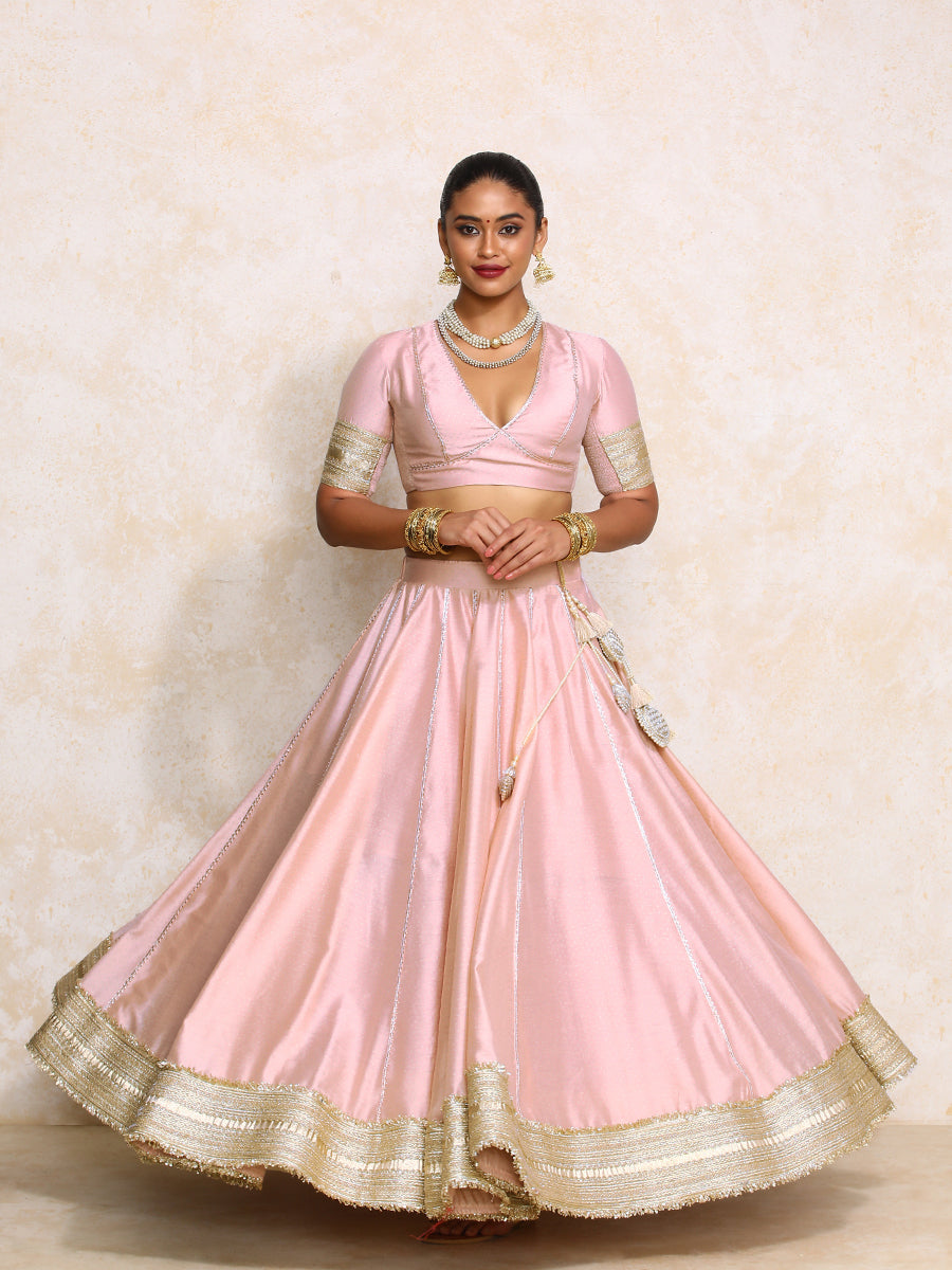 Mehreen x Tyohaar Lehenga Set, in Pink Chandheri, featuring elbow sleeves and v-neckline, made for party & festive (view 3).