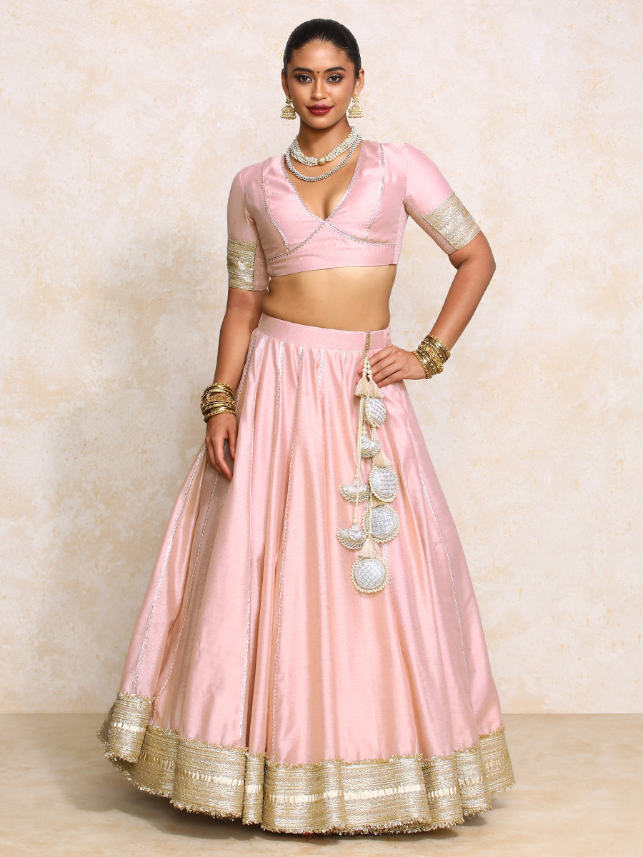 Mehreen x Tyohaar Lehenga Set, in Pink Chandheri, featuring elbow sleeves and v-neckline, made for party & festive (view 8).