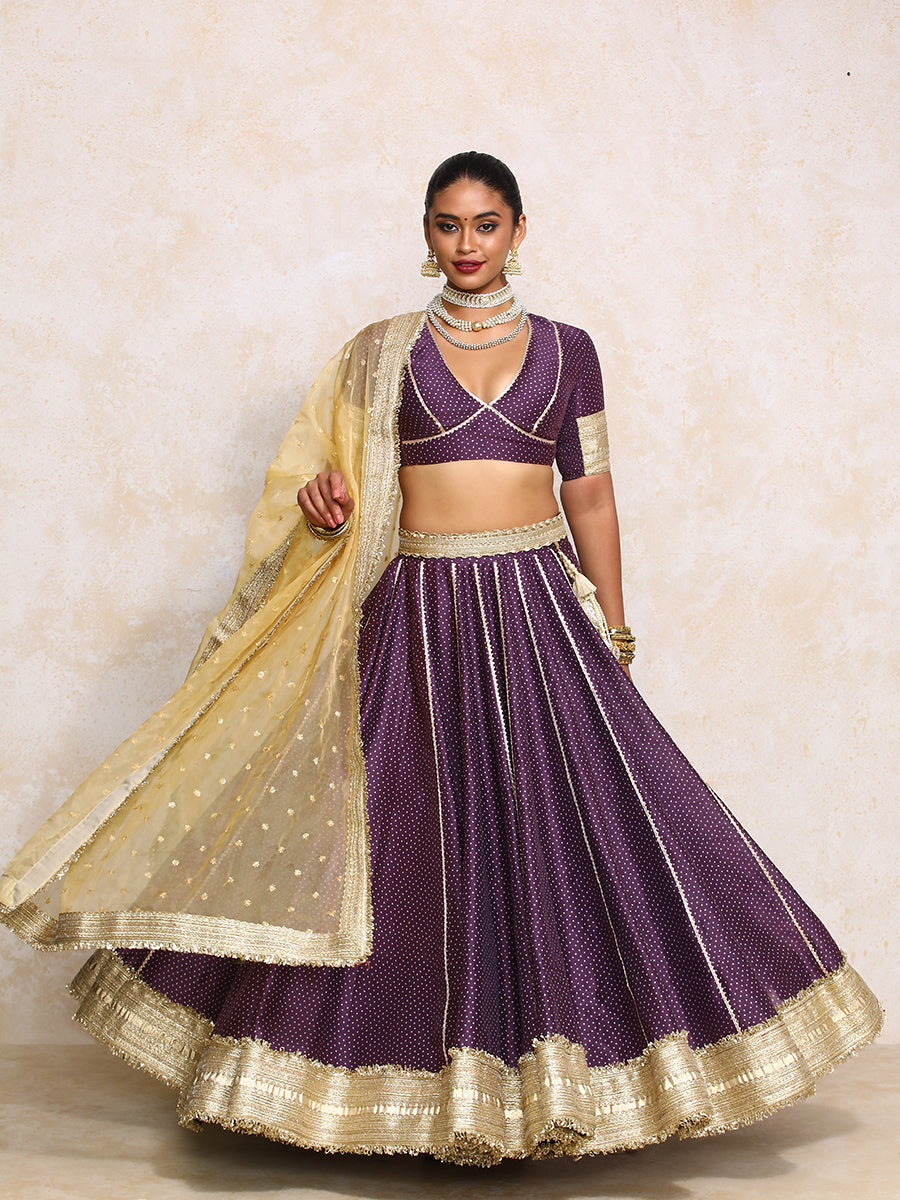 Mehreen x Tyohaar Lehenga Set, in Purple Chandheri, featuring elbow sleeves and v-neckline, made for party & festive.