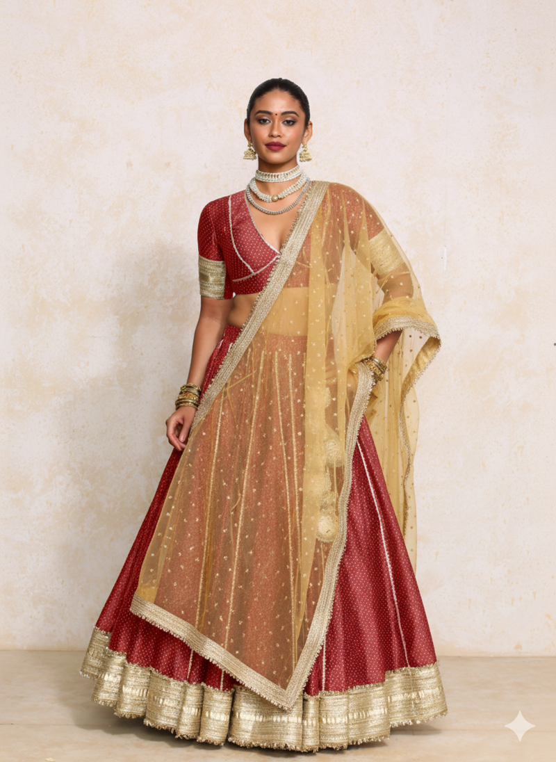 Mehreen x Tyohaar | Red Foil Chandheri FlareFit™ Lehenga Set with Dupatta-Binks