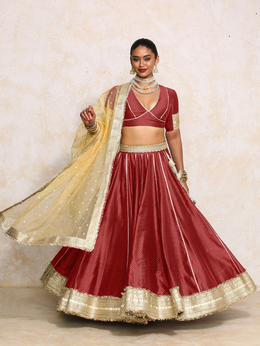 Mehreen x Tyohaar Lehenga Set, in Red Chandheri, featuring elbow sleeves and v-neckline, made for party & festive.