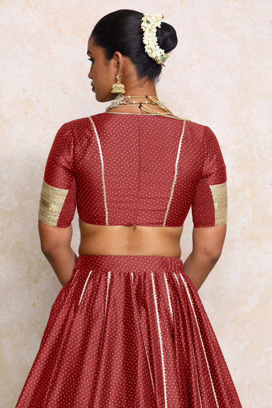 Mehreen x Tyohaar Lehenga Set, in Red Chandheri, featuring elbow sleeves and v-neckline, made for party & festive (view 2).
