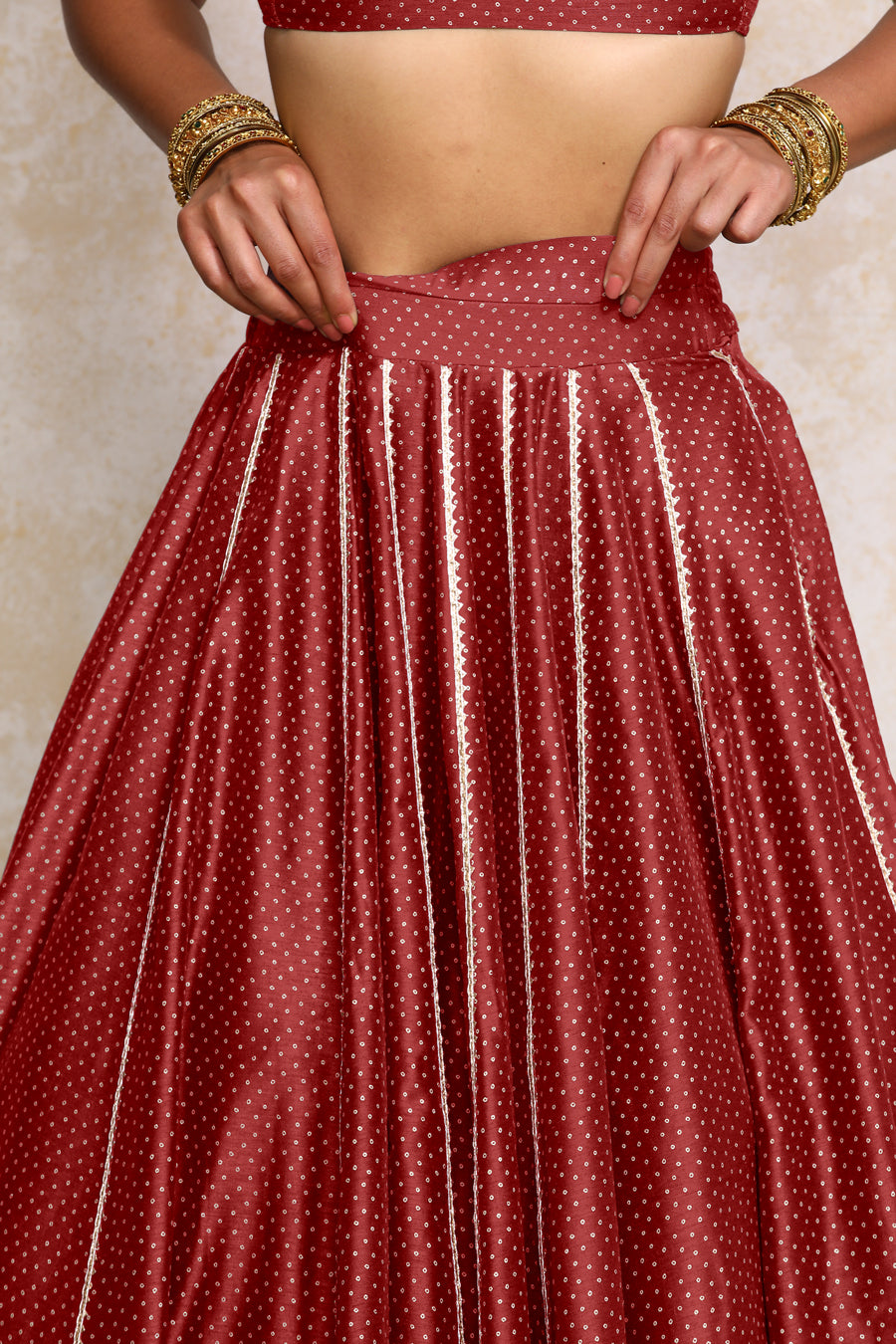 Mehreen x Tyohaar Lehenga Set, in Red Chandheri, featuring elbow sleeves and v-neckline, made for party & festive (view 4).