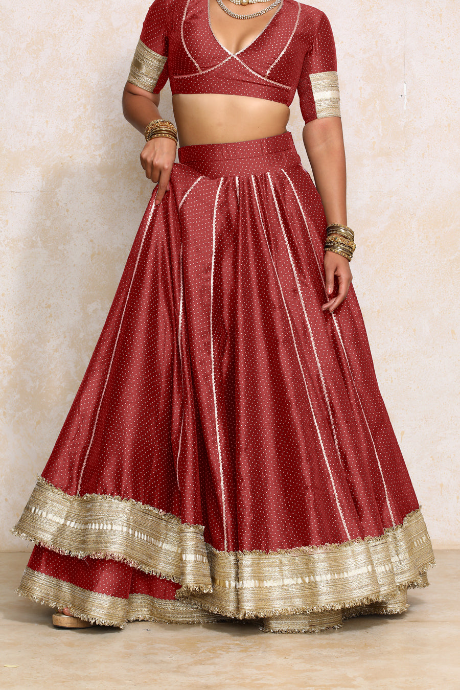 Mehreen x Tyohaar Lehenga Set, in Red Chandheri, featuring elbow sleeves and v-neckline, made for party & festive (view 6).