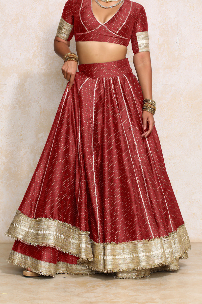 Mehreen x Tyohaar | Red Foil Chandheri FlareFit™ Lehenga Set with Dupatta-Binks