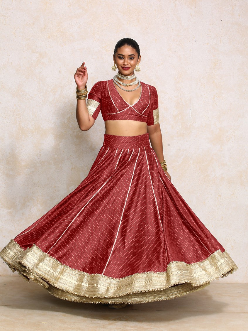 Mehreen x Tyohaar Lehenga Set, in Red Chandheri, featuring elbow sleeves and v-neckline, made for party & festive (view 8).