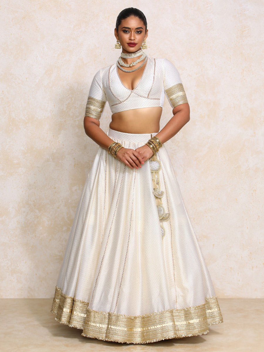 Mehreen x Tyohaar Lehenga Set, in White Chandheri, featuring elbow sleeves and v-neckline, made for party & festive (view 8).