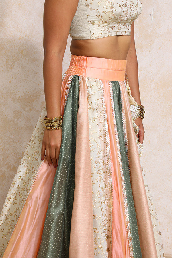 Naaz x Tyohaar Lehenga Set, in Multicolour Chandheri & Tissue Viscose, featuring elbow sleeves and scoop neckline (view 3).