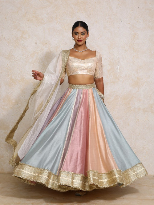 Najma x Tyohaar Lehenga Set, in Multicolour Chandheri, featuring elbow sleeves and sweetheart neckline.