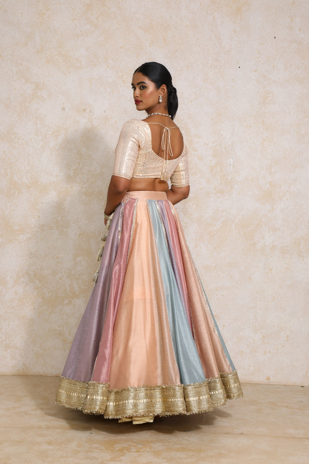 Najma x Tyohaar Lehenga Set, in Multicolour Chandheri, featuring elbow sleeves and sweetheart neckline (view 2).