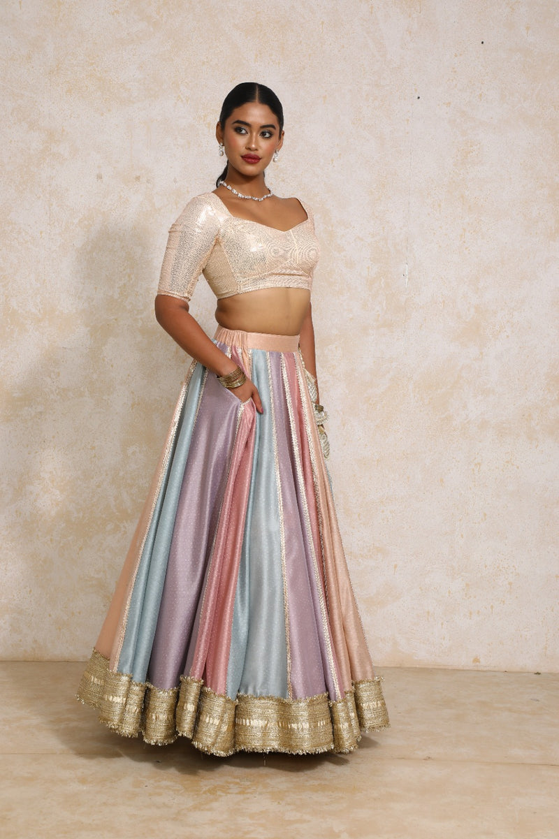 Najma x Tyohaar | Pastel Foil Chandheri FlareFit™ Lehenga Set with Dupatta-Binks
