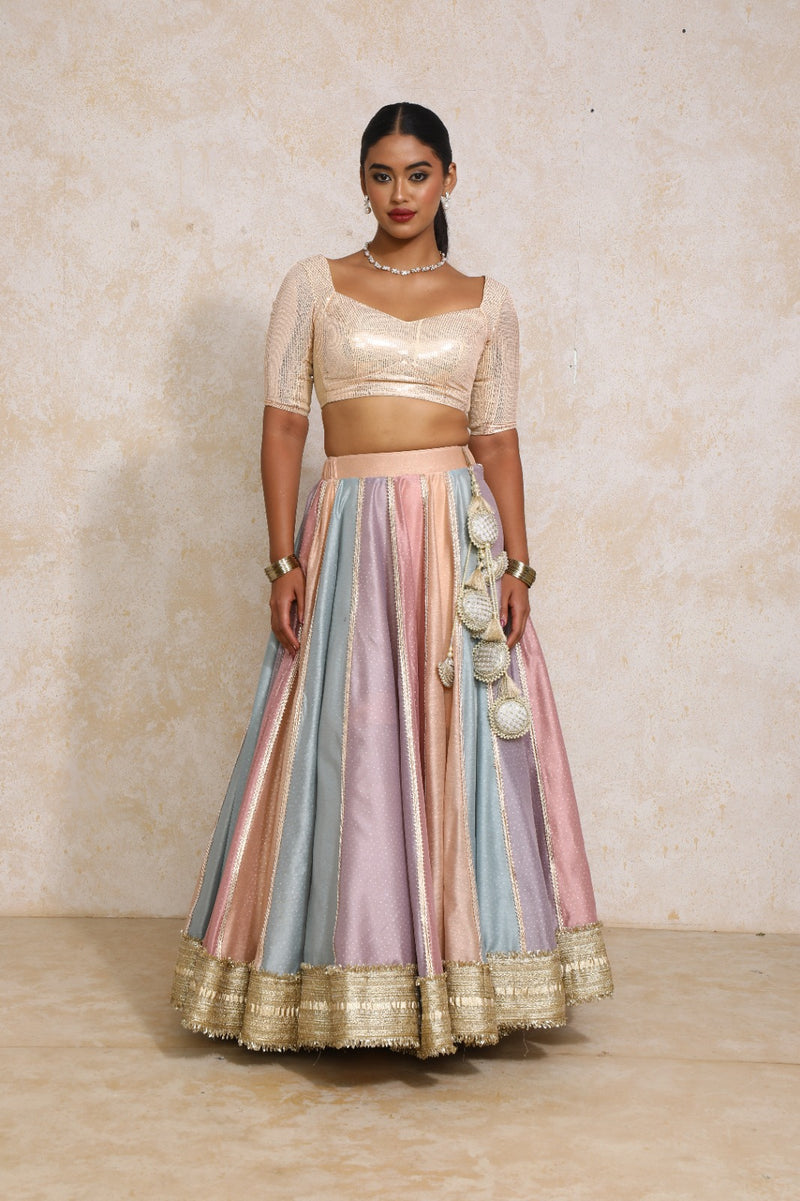 Najma x Tyohaar | Pastel Foil Chandheri FlareFit™ Lehenga Set with Dupatta-Binks