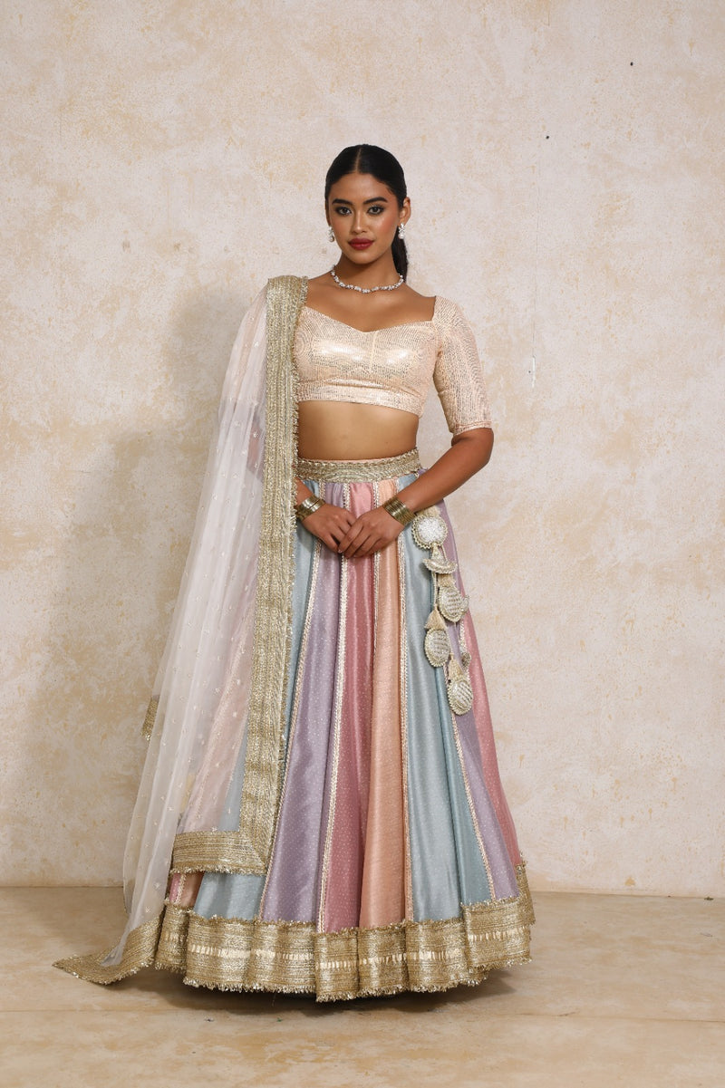 Najma x Tyohaar | Pastel Foil Chandheri FlareFit™ Lehenga Set with Dupatta-Binks
