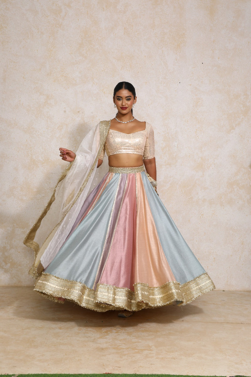 Najma x Tyohaar | Pastel Foil Chandheri FlareFit™ Lehenga Set with Dupatta-Binks