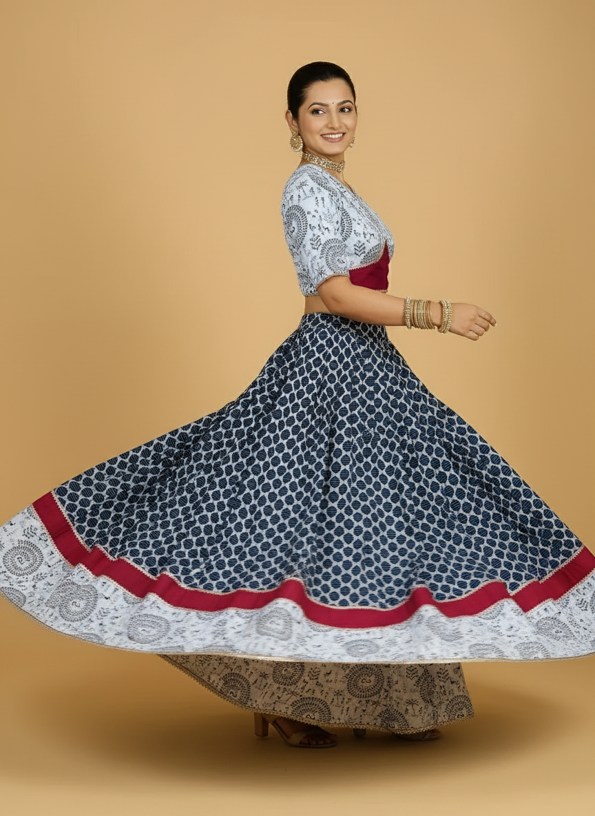 Naval x Tyohaar Lehenga Set, in Blue 100% Cotton - Block Printed, featuring elbow sleeves and v-neckline (view 2).
