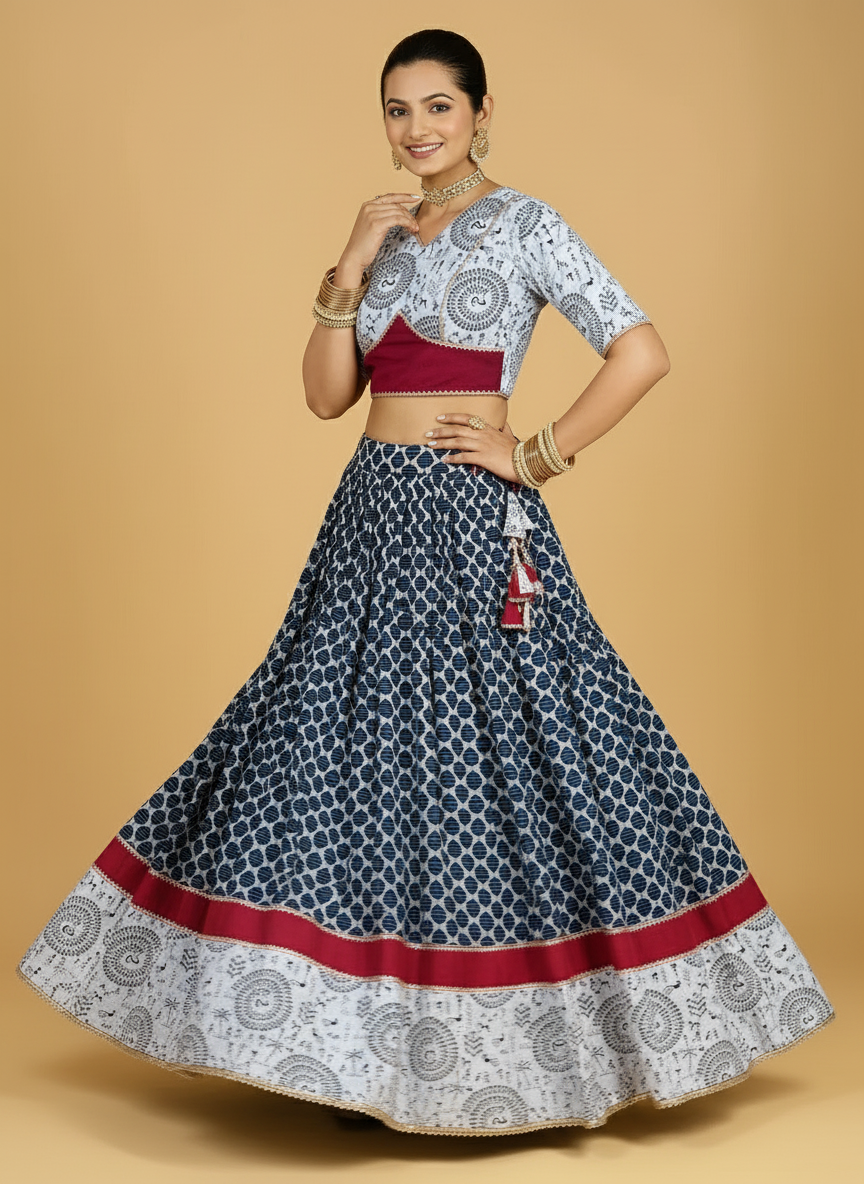 Naval x Tyohaar Lehenga Set, in Blue 100% Cotton - Block Printed, featuring elbow sleeves and v-neckline (view 3).