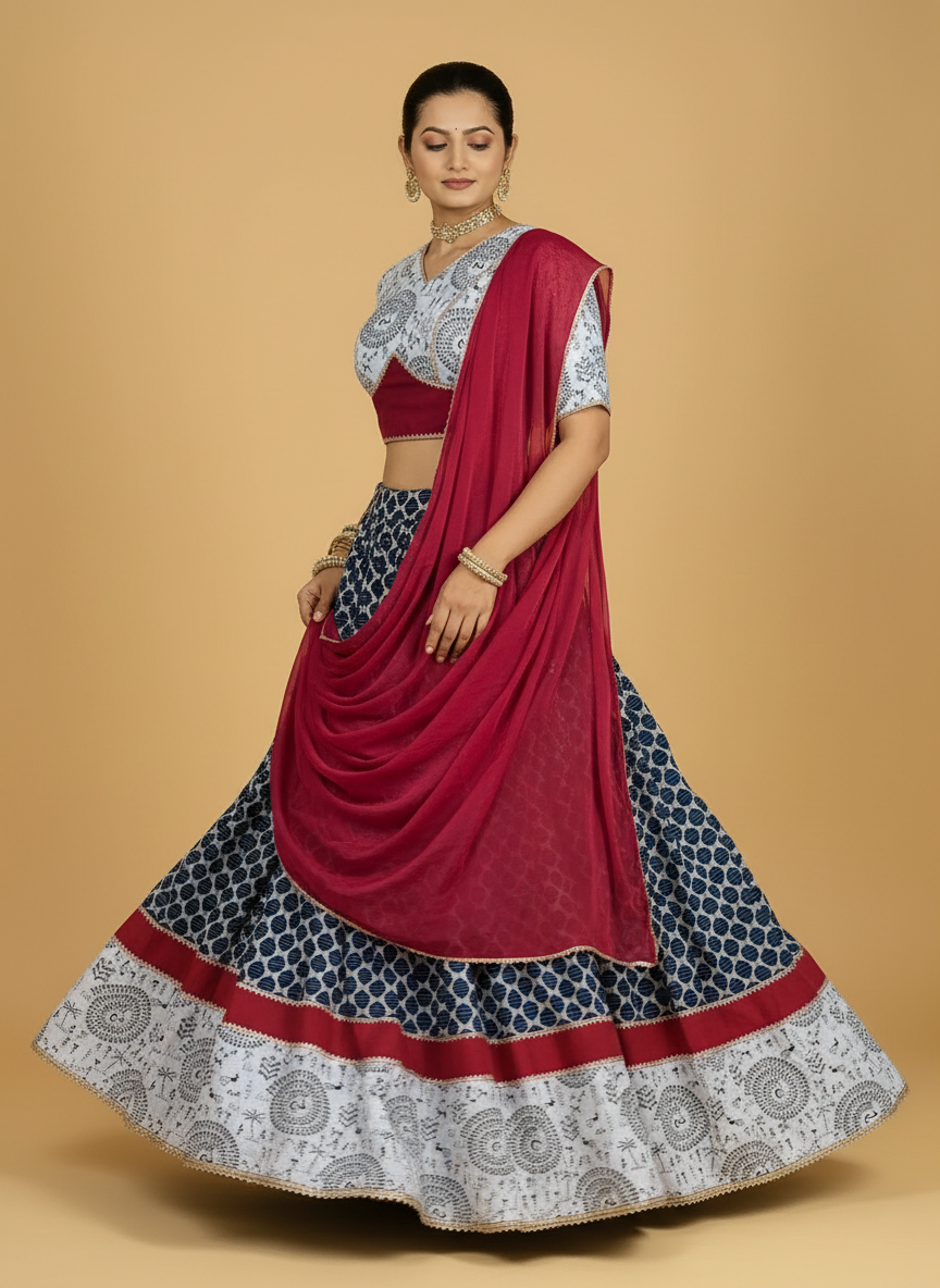 Naval x Tyohaar Lehenga Set, in Blue 100% Cotton - Block Printed, featuring elbow sleeves and v-neckline (view 7).