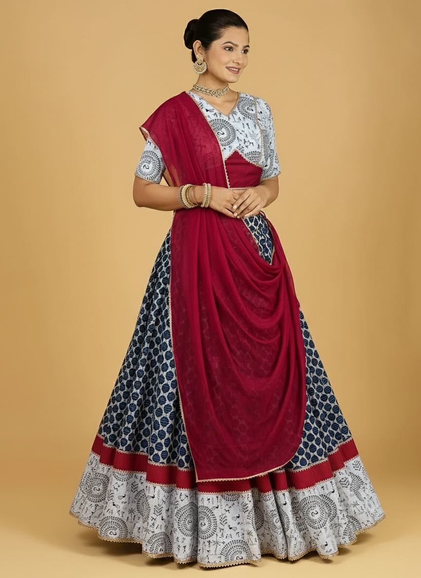 Naval x Tyohaar Lehenga Set, in Blue 100% Cotton - Block Printed, featuring elbow sleeves and v-neckline (view 8).