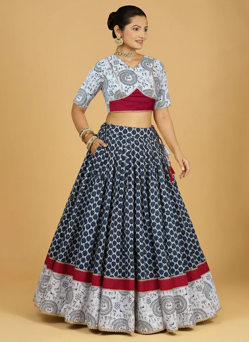 Naval x Tyohaar | White & Blue Navratri Handblock Printed Lehenga Set-Binks