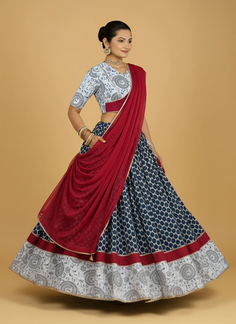 Naval x Tyohaar | White & Blue Navratri Handblock Printed Lehenga Set-Binks
