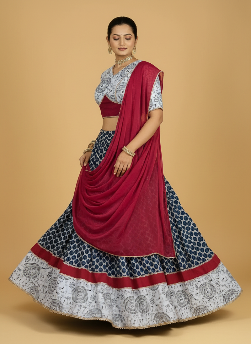 Naval x Tyohaar | White & Blue Navratri Handblock Printed Lehenga Set-Binks