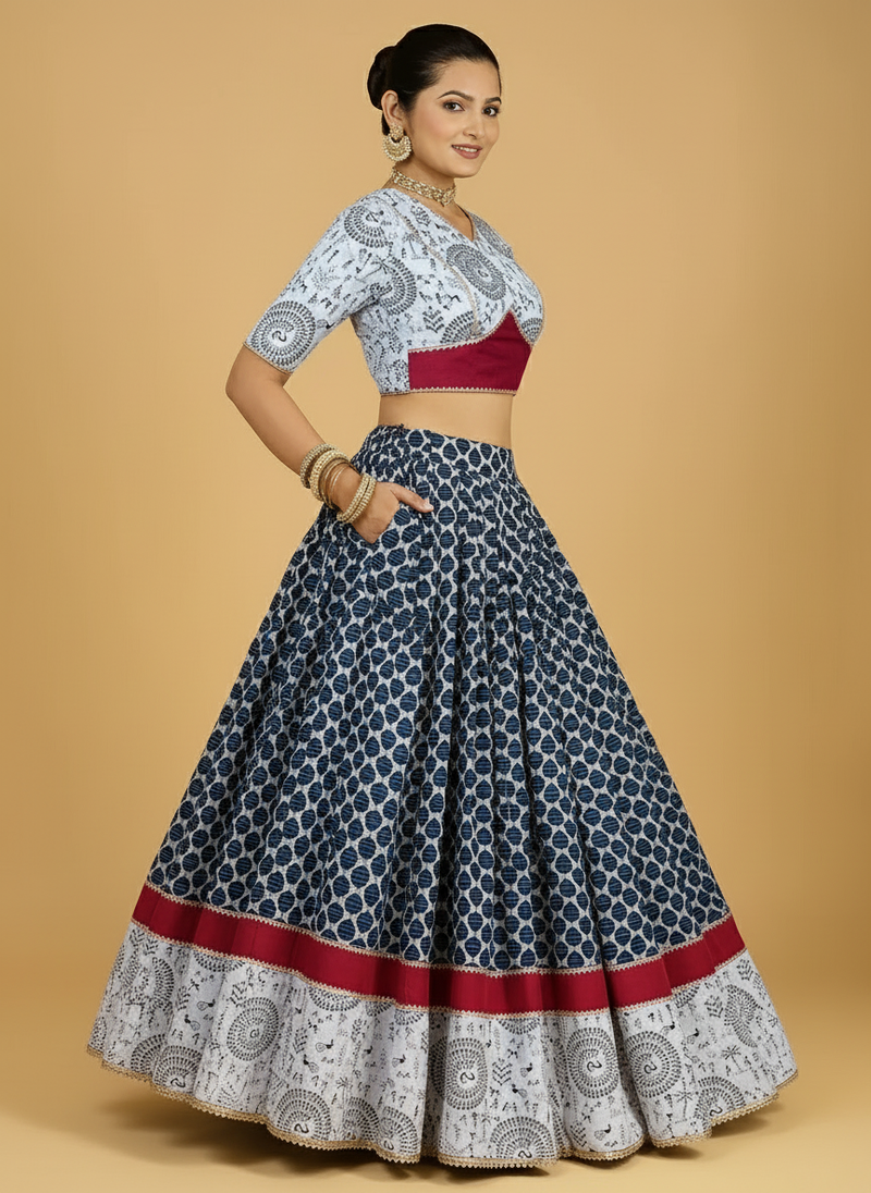Naval x Tyohaar | White & Blue Navratri Handblock Printed Lehenga Set-Binks