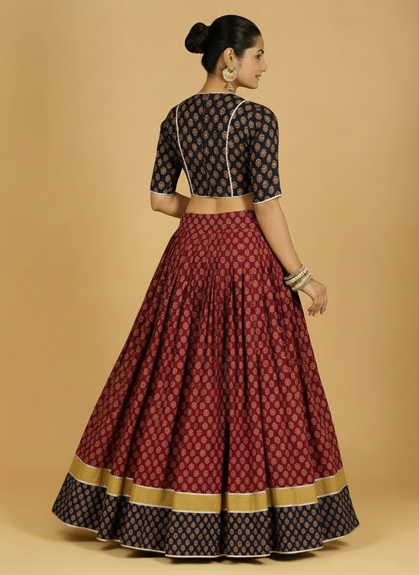 Navratna x Tyohaar Lehenga Set, in Red 100% Cotton - Block Printed, featuring elbow sleeves and v-neckline (view 2).