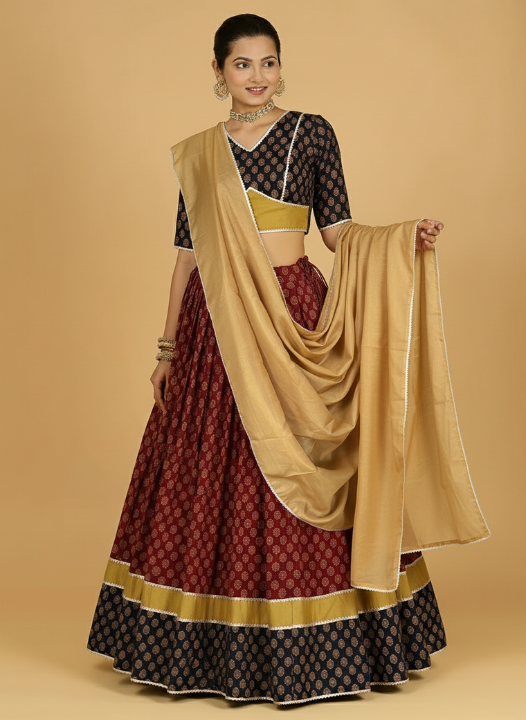 Navratna x Tyohaar Lehenga Set, in Red 100% Cotton - Block Printed, featuring elbow sleeves and v-neckline (view 3).